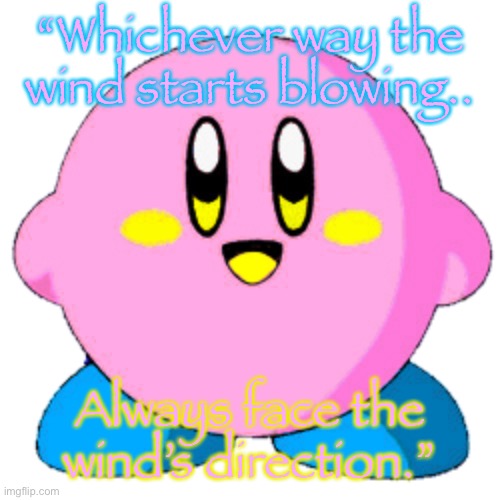 Like..if it’s blowing south, face south so you don’t get cold on your face. | “Whichever way the wind starts blowing.. Always face the wind’s direction.” | image tagged in twinkle the kirby | made w/ Imgflip meme maker