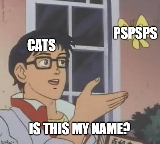Is This A Pigeon | PSPSPS; CATS; IS THIS MY NAME? | image tagged in memes,is this a pigeon | made w/ Imgflip meme maker