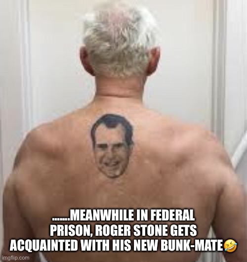 Meanwhile in Federal Prison | .......MEANWHILE IN FEDERAL PRISON, ROGER STONE GETS ACQUAINTED WITH HIS NEW BUNK-MATE🤣 | image tagged in roger stone,federal prison,lock him up,moron for trump,lol,tool | made w/ Imgflip meme maker
