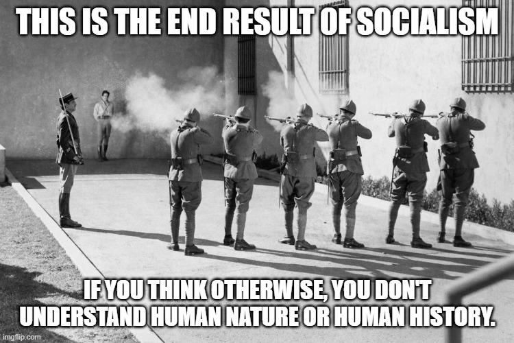 firing squad | THIS IS THE END RESULT OF SOCIALISM; IF YOU THINK OTHERWISE, YOU DON'T UNDERSTAND HUMAN NATURE OR HUMAN HISTORY. | image tagged in firing squad | made w/ Imgflip meme maker