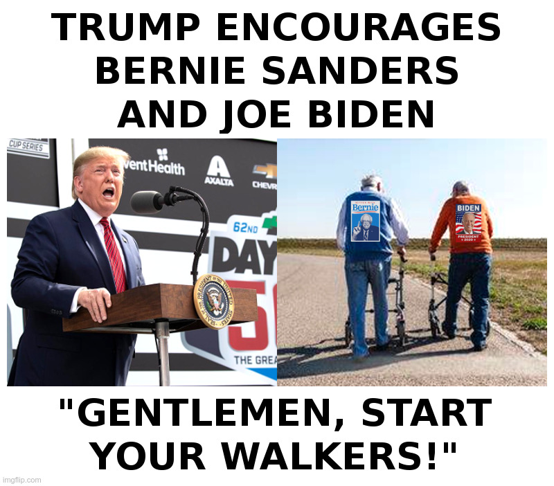 Gentlemen, Start Your Walkers! | image tagged in trump,bernie sanders,joe biden,democrats,presidential candidates,grumpy old men | made w/ Imgflip meme maker