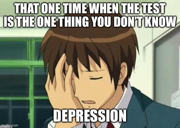 Kyon Face Palm Meme |  THAT ONE TIME WHEN THE TEST IS THE ONE THING YOU DON’T KNOW; DEPRESSION | image tagged in memes,kyon face palm | made w/ Imgflip meme maker