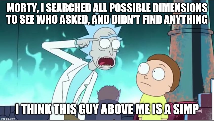 Rick Sanchez Explains | MORTY, I SEARCHED ALL POSSIBLE DIMENSIONS TO SEE WHO ASKED, AND DIDN'T FIND ANYTHING I THINK THIS GUY ABOVE ME IS A SIMP | image tagged in rick sanchez explains | made w/ Imgflip meme maker