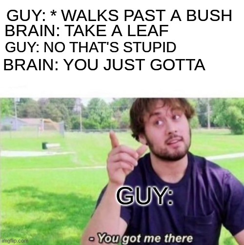 --Ah, You got me there. | GUY: * WALKS PAST A BUSH; BRAIN: TAKE A LEAF; GUY: NO THAT'S STUPID; BRAIN: YOU JUST GOTTA; GUY: | image tagged in --ah you got me there | made w/ Imgflip meme maker