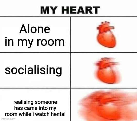 My heart blank |  Alone in my room; socialising; realising someone has came into my room while i watch hentai | image tagged in my heart blank | made w/ Imgflip meme maker