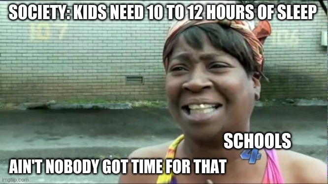 Ain't nobody got time for that. |  SOCIETY: KIDS NEED 10 TO 12 HOURS OF SLEEP; SCHOOLS; AIN'T NOBODY GOT TIME FOR THAT | image tagged in ain't nobody got time for that | made w/ Imgflip meme maker