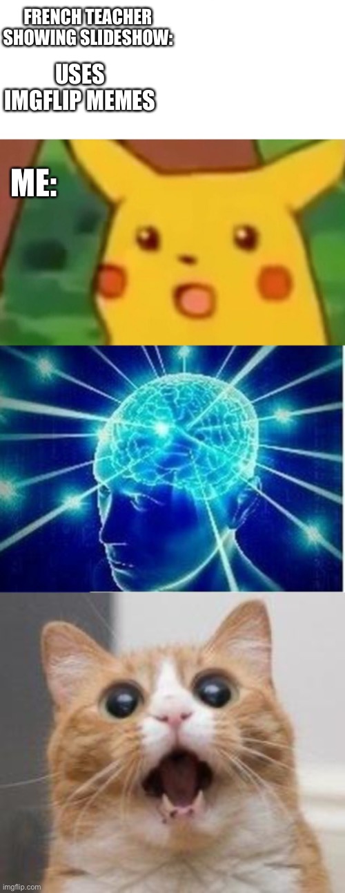 USES IMGFLIP MEMES; FRENCH TEACHER SHOWING SLIDESHOW:; ME: | image tagged in wow,memes,expanding brain,surprised pikachu | made w/ Imgflip meme maker