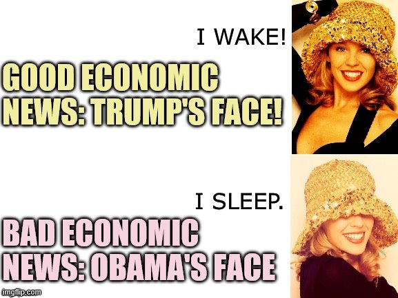 Quick & handy guide for right-wing economy-themed meme templates | GOOD ECONOMIC NEWS: TRUMP'S FACE! BAD ECONOMIC NEWS: OBAMA'S FACE | image tagged in kylie i wake/i sleep,economy,coronavirus,stock crash,trump,obama | made w/ Imgflip meme maker