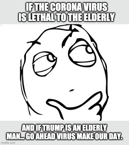 Corona Virus Trump | IF THE CORONA VIRUS IS LETHAL TO THE ELDERLY; AND IF TRUMP IS AN ELDERLY MAN... GO AHEAD VIRUS MAKE OUR DAY. | image tagged in memes,question rage face,donald trump,coronavirus | made w/ Imgflip meme maker