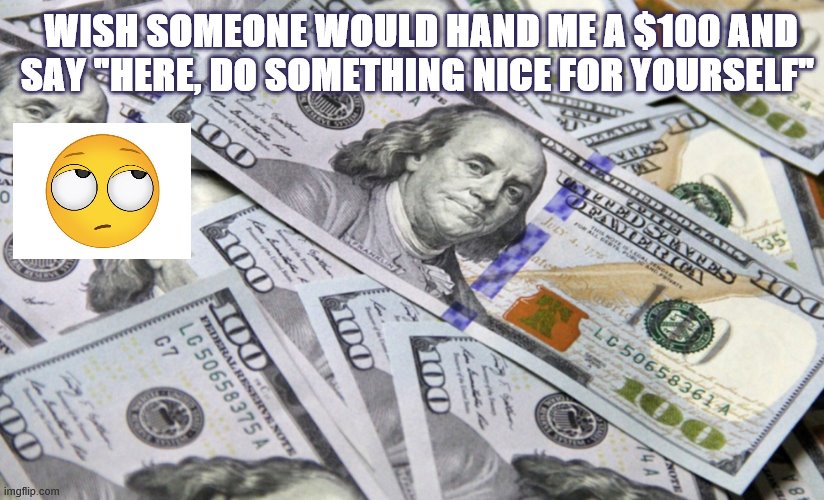 100 dollar bills | WISH SOMEONE WOULD HAND ME A $100 AND SAY "HERE, DO SOMETHING NICE FOR YOURSELF" | image tagged in 100 dollar bills | made w/ Imgflip meme maker