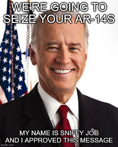 Joe Biden Meme | WE'RE GOING TO SEIZE YOUR AR-14S; MY NAME IS SNIFFY JOE AND I APPROVED THIS MESSAGE | image tagged in memes,joe biden | made w/ Imgflip meme maker