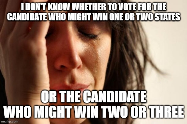 First World Problems Meme | I DON'T KNOW WHETHER TO VOTE FOR THE CANDIDATE WHO MIGHT WIN ONE OR TWO STATES OR THE CANDIDATE WHO MIGHT WIN TWO OR THREE | image tagged in memes,first world problems | made w/ Imgflip meme maker