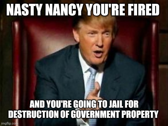 Donald Trump | NASTY NANCY YOU'RE FIRED AND YOU'RE GOING TO JAIL FOR DESTRUCTION OF GOVERNMENT PROPERTY | image tagged in donald trump | made w/ Imgflip meme maker