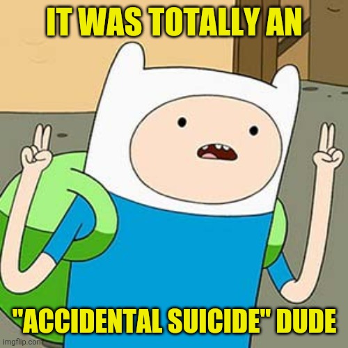 Finn Quotation Marks | IT WAS TOTALLY AN "ACCIDENTAL SUICIDE" DUDE | image tagged in finn quotation marks | made w/ Imgflip meme maker
