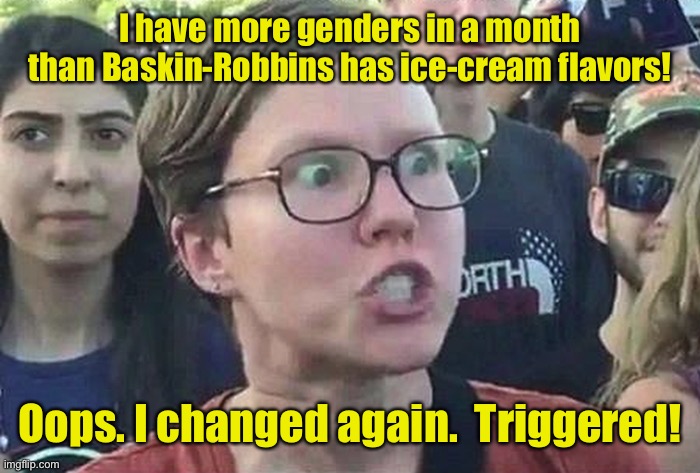 Triggered Liberal | I have more genders in a month than Baskin-Robbins has ice-cream flavors! Oops. I changed again.  Triggered! | image tagged in triggered liberal | made w/ Imgflip meme maker