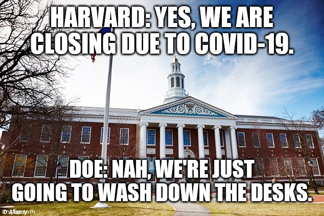 Harvard University | HARVARD: YES, WE ARE CLOSING DUE TO COVID-19. DOE: NAH, WE'RE JUST GOING TO WASH DOWN THE DESKS. | image tagged in harvard university | made w/ Imgflip meme maker