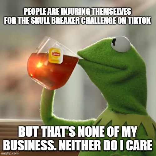 But That's None Of My Business | PEOPLE ARE INJURING THEMSELVES FOR THE SKULL BREAKER CHALLENGE ON TIKTOK; BUT THAT'S NONE OF MY BUSINESS. NEITHER DO I CARE | image tagged in memes,but thats none of my business,kermit the frog | made w/ Imgflip meme maker