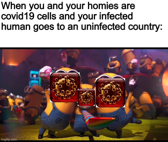 Yeet XD | When you and your homies are covid19 cells and your infected human goes to an uninfected country: | image tagged in memes,coronavirus,minions | made w/ Imgflip meme maker