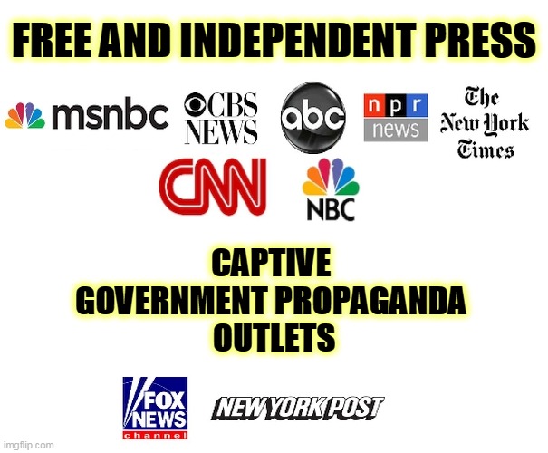 If we should have a government without newspapers or newspapers without a government, I should prefer the latter. - T. Jefferson | FREE AND INDEPENDENT PRESS; CAPTIVE 
GOVERNMENT PROPAGANDA 
OUTLETS | image tagged in press,media,msm,propaganda,government | made w/ Imgflip meme maker