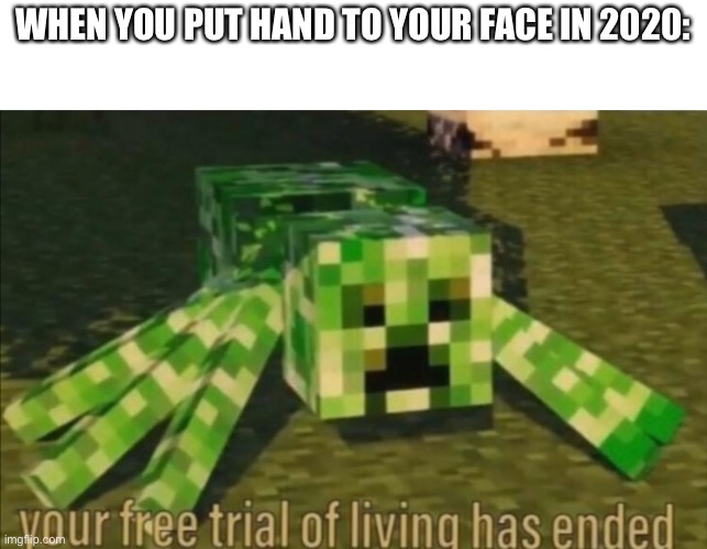Instant death | WHEN YOU PUT HAND TO YOUR FACE IN 2020: | image tagged in your free trial of living has ended,memes,minecraft,coronavirus | made w/ Imgflip meme maker