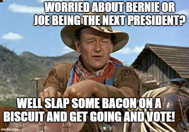 John wayne | WORRIED ABOUT BERNIE OR JOE BEING THE NEXT PRESIDENT? WELL SLAP SOME BACON ON A BISCUIT AND GET GOING AND VOTE! | image tagged in john wayne | made w/ Imgflip meme maker