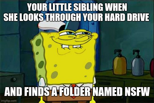 ? | YOUR LITTLE SIBLING WHEN SHE LOOKS THROUGH YOUR HARD DRIVE; AND FINDS A FOLDER NAMED NSFW | image tagged in memes,dont you squidward | made w/ Imgflip meme maker