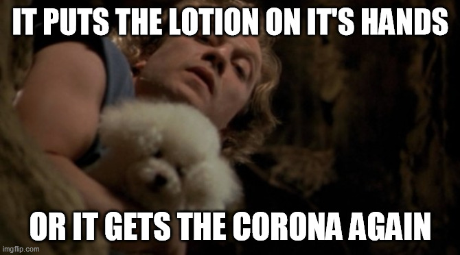 Silence of the lambs lotion | IT PUTS THE LOTION ON IT'S HANDS; OR IT GETS THE CORONA AGAIN | image tagged in silence of the lambs lotion,coronavirus | made w/ Imgflip meme maker