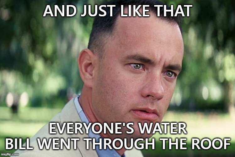 And Just Like That | AND JUST LIKE THAT; EVERYONE'S WATER BILL WENT THROUGH THE ROOF | image tagged in memes,and just like that | made w/ Imgflip meme maker