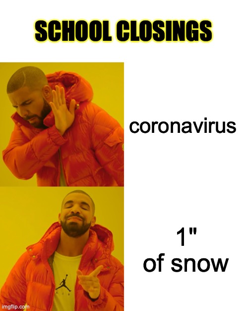 Drake Hotline Bling | SCHOOL CLOSINGS; coronavirus; 1" of snow | image tagged in memes,drake hotline bling | made w/ Imgflip meme maker