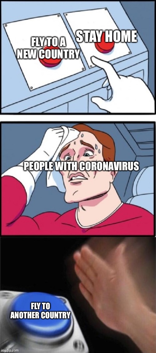 TOO MUCH PRESSURE!! | STAY HOME; FLY TO A NEW COUNTRY; PEOPLE WITH CORONAVIRUS; FLY TO ANOTHER COUNTRY | image tagged in too much pressure | made w/ Imgflip meme maker