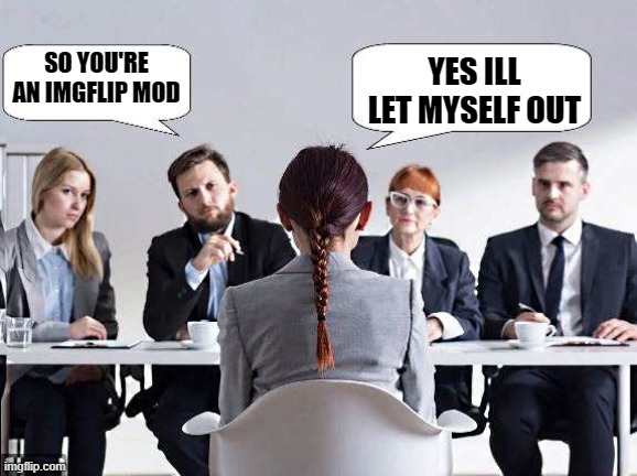 YES ILL LET MYSELF OUT; SO YOU'RE AN IMGFLIP MOD | image tagged in interview | made w/ Imgflip meme maker
