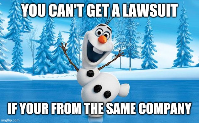 Frozen Olaff | YOU CAN'T GET A LAWSUIT IF YOUR FROM THE SAME COMPANY | image tagged in frozen olaff | made w/ Imgflip meme maker