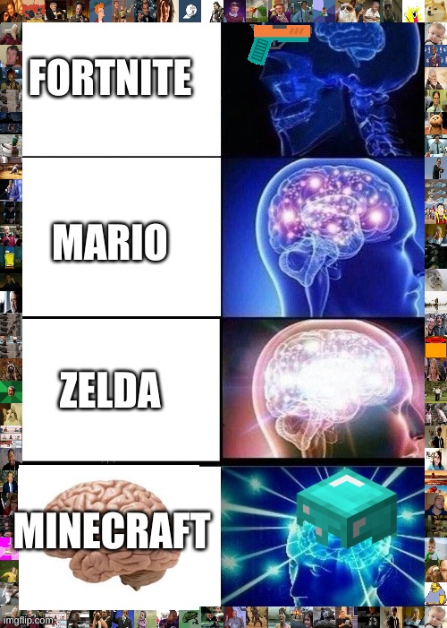 Expanding Brain | FORTNITE; MARIO; ZELDA; MINECRAFT | image tagged in memes,expanding brain | made w/ Imgflip meme maker