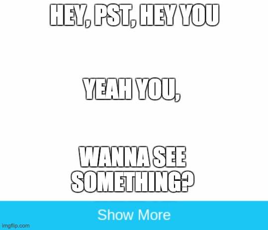 HEY, PST, HEY YOU; YEAH YOU, WANNA SEE SOMETHING? | image tagged in blank white template,show more | made w/ Imgflip meme maker