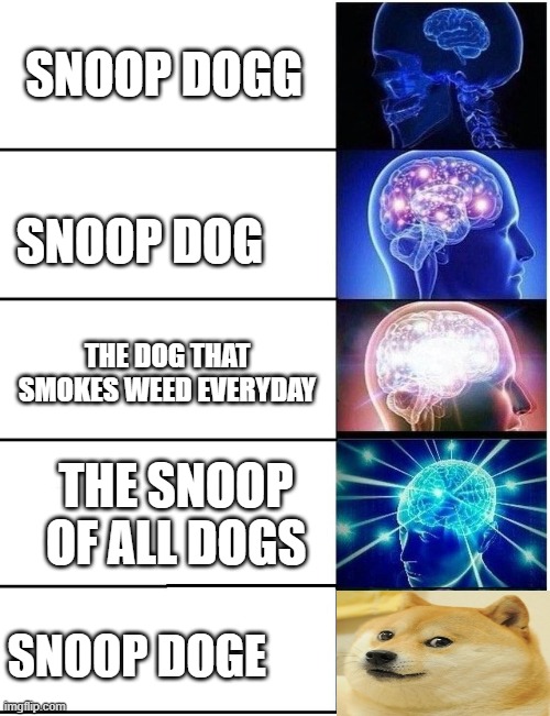 Expanding Brain 5 Panel | SNOOP DOGG; SNOOP DOG; THE DOG THAT SMOKES WEED EVERYDAY; THE SNOOP OF ALL DOGS; SNOOP DOGE | image tagged in expanding brain 5 panel | made w/ Imgflip meme maker