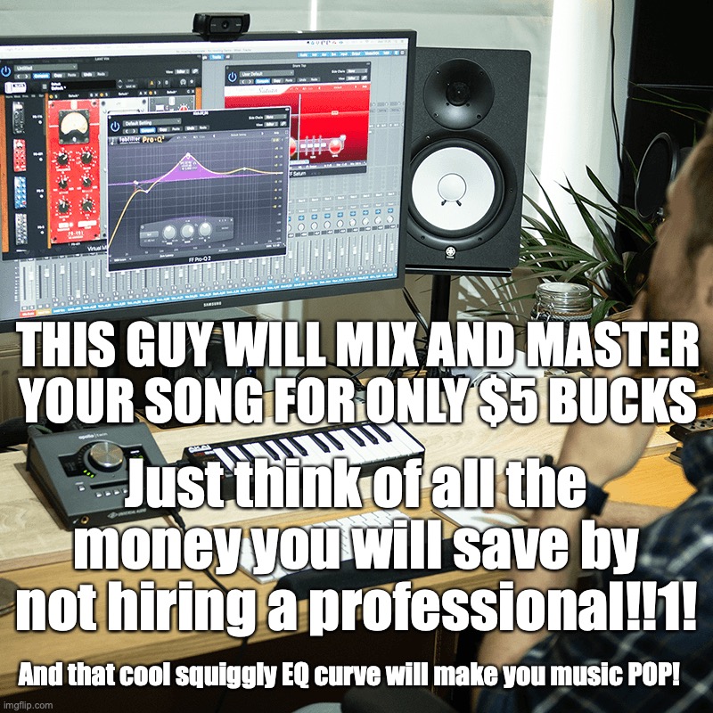 Home Studio Picture | THIS GUY WILL MIX AND MASTER YOUR SONG FOR ONLY $5 BUCKS; Just think of all the money you will save by not hiring a professional!!1! And that cool squiggly EQ curve will make you music POP! | image tagged in home studio picture | made w/ Imgflip meme maker