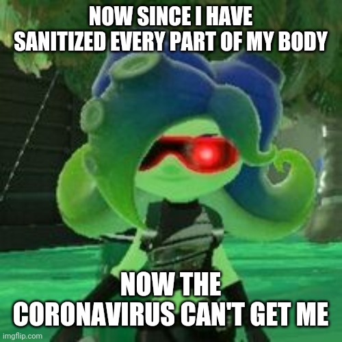 This comment is from a coronavirus meme | NOW SINCE I HAVE SANITIZED EVERY PART OF MY BODY NOW THE CORONAVIRUS CAN'T GET ME | image tagged in sanitized octoling,splatoon,coronavirus,memes | made w/ Imgflip meme maker