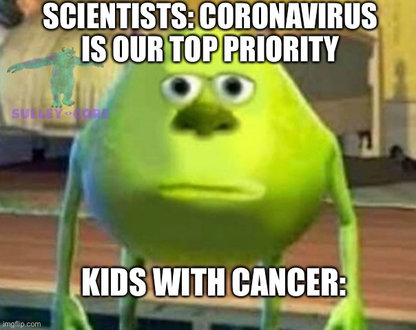 Monsters Inc | SCIENTISTS: CORONAVIRUS IS OUR TOP PRIORITY; KIDS WITH CANCER: | image tagged in monsters inc | made w/ Imgflip meme maker