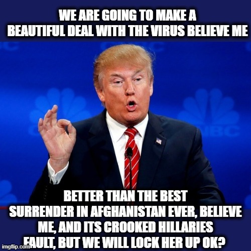 Chief nitwit | WE ARE GOING TO MAKE A BEAUTIFUL DEAL WITH THE VIRUS BELIEVE ME; BETTER THAN THE BEST SURRENDER IN AFGHANISTAN EVER, BELIEVE ME, AND ITS CROOKED HILLARIES FAULT, BUT WE WILL LOCK HER UP OK? | image tagged in trump deal,maga,politics,memes,impeach trump | made w/ Imgflip meme maker
