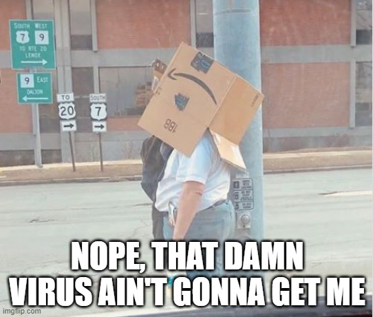 No Shortage of Boxes | NOPE, THAT DAMN VIRUS AIN'T GONNA GET ME | image tagged in funny picture | made w/ Imgflip meme maker