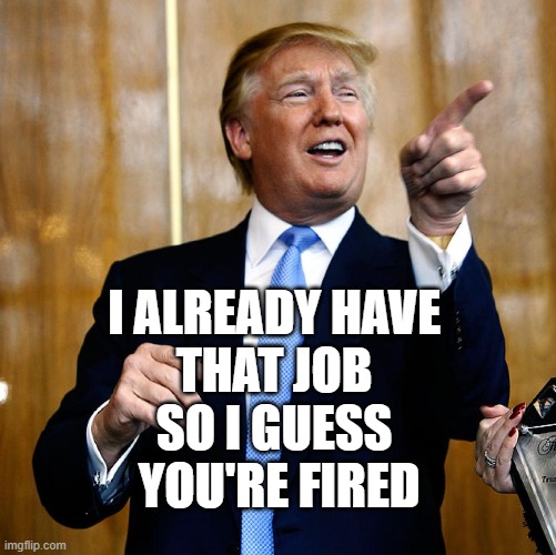 Donal Trump Birthday | I ALREADY HAVE 
THAT JOB 
SO I GUESS 
YOU'RE FIRED | image tagged in donal trump birthday | made w/ Imgflip meme maker