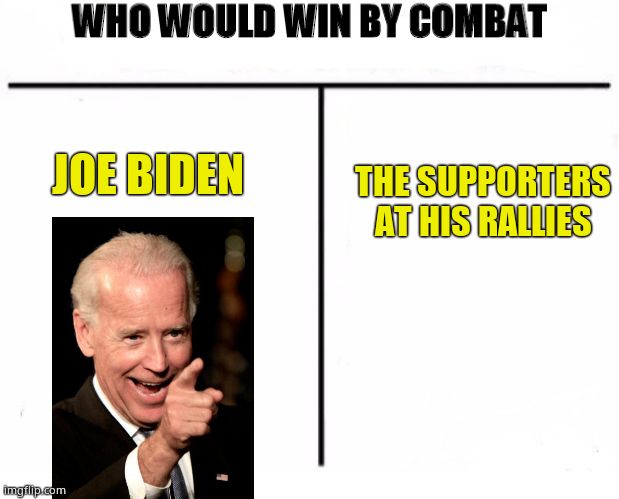 Never seen a candidate attack and threaten to fight his own supporters like this! | THE SUPPORTERS AT HIS RALLIES; JOE BIDEN | image tagged in who would win by combat,joe biden,creepy joe biden,sad joe biden,aggressive | made w/ Imgflip meme maker