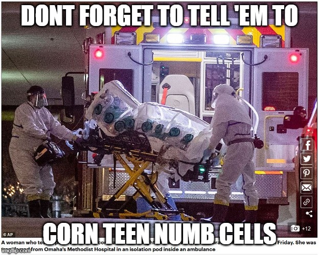 Covid19 | DONT FORGET TO TELL 'EM TO; CORN TEEN NUMB CELLS | image tagged in covid19 | made w/ Imgflip meme maker