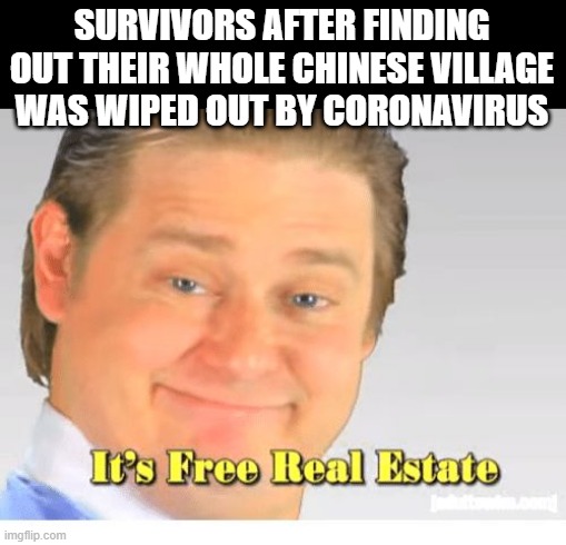 They're All Dead | SURVIVORS AFTER FINDING OUT THEIR WHOLE CHINESE VILLAGE WAS WIPED OUT BY CORONAVIRUS | image tagged in it's free real estate | made w/ Imgflip meme maker