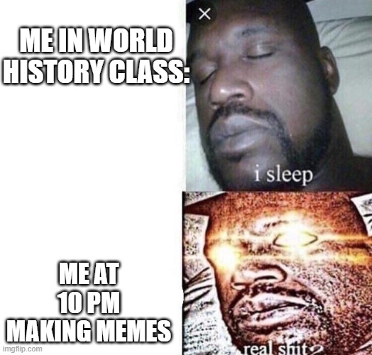 i sleep real shit | ME IN WORLD HISTORY CLASS:; ME AT 10 PM MAKING MEMES | image tagged in i sleep real shit | made w/ Imgflip meme maker