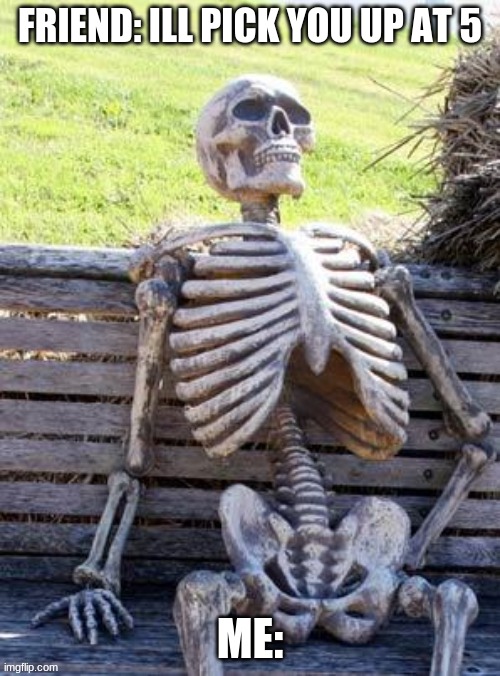Waiting Skeleton Meme | FRIEND: ILL PICK YOU UP AT 5; ME: | image tagged in memes,waiting skeleton | made w/ Imgflip meme maker