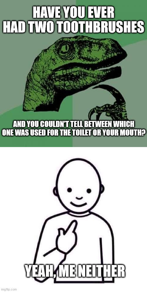 HAVE YOU EVER HAD TWO TOOTHBRUSHES; AND YOU COULDN'T TELL BETWEEN WHICH ONE WAS USED FOR THE TOILET OR YOUR MOUTH? YEAH, ME NEITHER | image tagged in memes,philosoraptor,guess who | made w/ Imgflip meme maker
