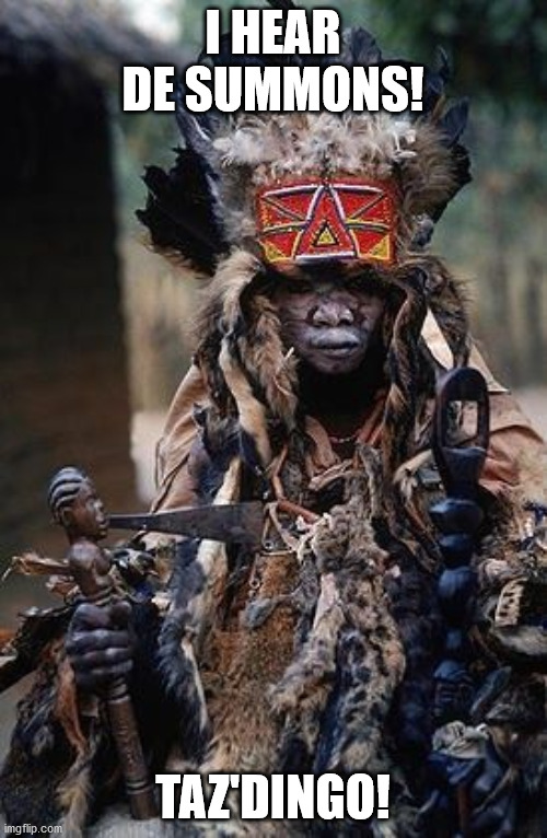 african witch doctor | I HEAR DE SUMMONS! TAZ'DINGO! | image tagged in african witch doctor | made w/ Imgflip meme maker
