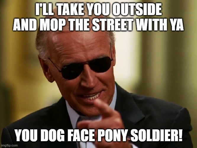 Cool Joe Biden | I'LL TAKE YOU OUTSIDE AND MOP THE STREET WITH YA YOU DOG FACE PONY SOLDIER! | image tagged in cool joe biden | made w/ Imgflip meme maker
