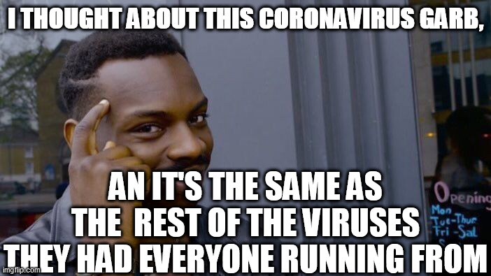 Coronavirus, Ebola virus, Zika Virus, Swine  Flu Virus, Enterovirus, West Nile Virus,    all were  PANIC,


all of them Vanished | I THOUGHT ABOUT THIS CORONAVIRUS GARB, AN IT'S THE SAME AS THE  REST OF THE VIRUSES THEY HAD EVERYONE RUNNING FROM | image tagged in memes,roll safe think about it,poof  and  gone just like that  nowhere | made w/ Imgflip meme maker